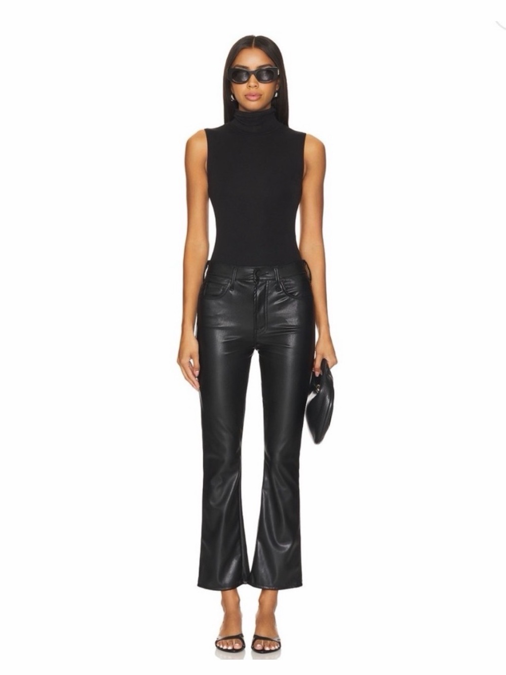 MOTHER The Insider Flood Cropped Bootcut‎ Faux Leather Jeans in Black.